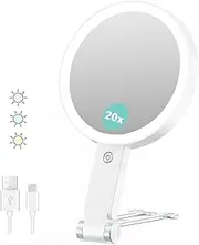 UOEPOWA 20X Magnifying Makeup Mirror, Mirror with 3 Modes Light and Adjustable Brightness, Hanging and Handheld Mirror, Portable Travel Makeup Mirror, 1X20X Double Sided Vanity Mirrors for Women