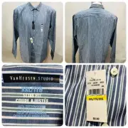 Van Heusen Men Blue Striped Slim-Fit Wrinkle Free Dress Shirt Sz XXL MSRP $50
