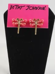 Betsey Johnson Goldtone SECRET GARDEN Pink Dot Enamel Dragonfly Stud Earrings