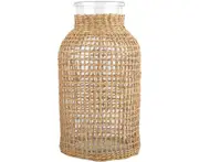 Glass Flower Vase with Rattan Cover Flower Bud Vase Round Decorative Flower Vase Floral Container Farmhouse Flower Bottle (S)