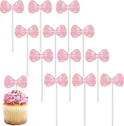 JIYIN 12Pcs Pink Bow Cupcake Toppers Bow Cake Topper, Cute 3D Bow Birthday Cake Decorations Bubble Bow Cake Insert for Bow Themed Party Wedding Supplies