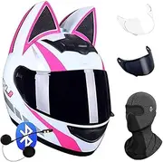 Cat Ears Motorcycle Helmet with Bluetooth,Full Face Helmets Flip-Up Motorcycle Helmet ECE Certification Anti-Fog Double Mirror The Wind Noise Lightweight for Women Men Unisex