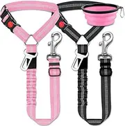 Dog car seat Belt, 2 Packs Dog car seat Belt Adjustable Elastic Bungee Cushion, 2 in 1 pet car Leash headrest Restraint Dog Reflective Safety Rope-(Black+Pink,complimentary 1 Folding Dog Bowl)