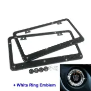 2 X Bling Black Crystal Metal License Plate Frame+4 Screw Cap+White Ring Emblem
