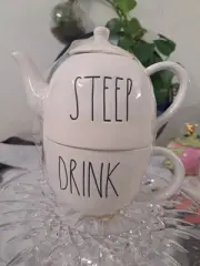 Rae Dunn Teapot STEEP & DRINK Mug Set Stackable NEW.