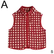 Women's Checkered Polar Fleece Vest Sleeveless Cardigan High Collared Zip Up Red S