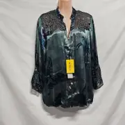 Citron Santa Monica Butterfly Women Top Blouse Shirt Size XL Button Up V Neck