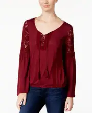 American Rag Lace-up Bell-sleeve Peasant Top. Dark Cherry. X-Small