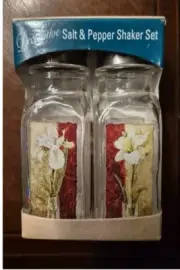 Highland Graphics Red White Floral Salt Pepper Shakers, Stainless Lids NEW