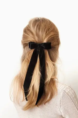 Black Long Velvet Bow for Adult, Hair Ribbon Clip Barrette for Women