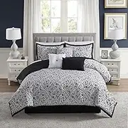 Queen Comforter Set Complete 7-Piece Bedding Collection 1 Comforter, 2 Pillow Shams, 1 Bed Skirt & 3 Decorative Accent Pillows Premium Quality, Queen, Black/White Damask