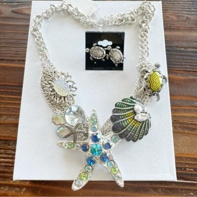 Beach Blue Crystal Star Fish Sealife Coastal Necklace with Turtle Post Earrings