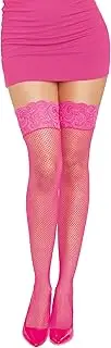 [Dreamgirl] womens Fishnet Thigh High Stockings With Silicone Lace Top and Back Seam