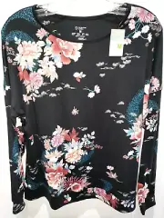 womens NEW NWT black floral TOP SHIRT size medium 8/10 STRETCHY!