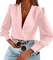 [EGOCKAL] Women's Business Casual Tops Satin Silk Long Sleeve Button Down Shirts V Neck Chiffon Work Blouses