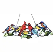 27" Tiffany Style Stained Glass Love Birds & Cardinals Window Panel Suncatcher