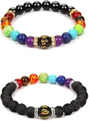 [Choistily] 2PCS Chakras Bracelets for Women Pulsera Arus 7 Chakras Lymphatic Drainage Chakra Bracelet 7 Chakra Bracelet with Natural Stone Beaded Bracelet for Women Men