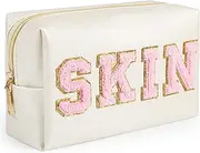 Makeup Bag, Synthetic Leather Patch Cosmetic Bag with Skin Chenille Letter for Travel, Girlfriend or Wife, Present for Girls, Daughter, Sister and Mother