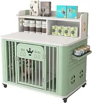 Wooden dog crate, portable dog crate, dog crate with shelves, side with small storage board for cans, bottom with dog toilet + universal wheels, suitable for small and medium-sized dogs(White+green)