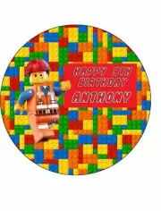 LEGO BRICKS with EMMET 19cmRound PERSONALISED Edible ICING Sheet Cake Topper