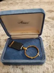 New Vintage Anson Black Enamel Key Chain Gold Tone Split Key Ring NOS