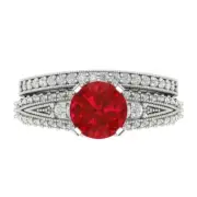 2.1 Round Cut Pave Tourmaline Statement Ring Band bridal Set 14k White Gold