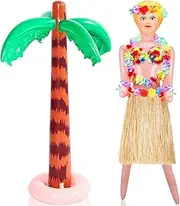 Liliful 8 Pcs Hawaiian Inflatable Blow up Doll Set Includes 59 Inches No Moving Parts Judy Doll Summer Inflatable Palm Tree Hula Skirt with Flower Bikini Top Costume Set for Party (Grass Color)