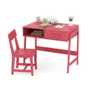 Babyjoy Kids Desk & Chair Set Wooden Children Study Table w/Drawer & Hutch Student Writing Desk Pink