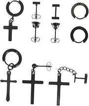 [SAFIGLE] 10 Pairs Stainless Steel Ear Studs for Men Cross Earrings Polished Surface Comfortable Wear for Multiple Piercings Daily Accessories