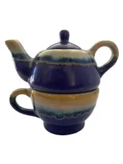 Stunning Ceramic Prado Mexico Stackable Teapot w/ Matching Cup Signed by Artist