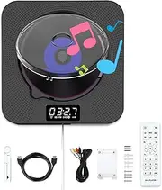 Wall Mountable CD Player, 10W Versatile Music System for DVD VCD CD HD-CD MP3 with Pull Switch and Remote Control, Dual Speaker Stereo, Bluetooth Record Player for Sports, Study, Work, Loop Play