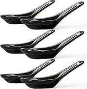 Wareland Asian Soup Spoons Set of 6, Ceramic Chinese Soup Spoons Japanese Spoon for Ramen Pho Dumpling Miso Wonton Noodles 5.5 Inch | Flat Bottom Design | Black
