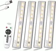 Remote Control Under Cabinet Lighting 4 Pack | 20-LED Dimmable Cabinet Lights | USB Rechargeable Under-Counter Light fixtures | Battery Operated Lights for Kitchen Cabinet Stairway Bedroom, 2 Colors