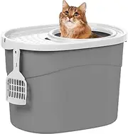 IRIS USA Large Simple Round Top Entry Cat Litter Box with Scoop, Curved Kitty Litter Pan with Litter Particle Catching Cover and Privacy Walls, Gray/White