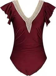 [NEOFEN] Women's One Piece Swimming Costume Ruched Tummy Control Ruffle Sleeve Wrap Swimwear Bathing Suit