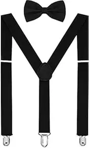 [Malvina] Boy's Combo Of Plain Black Suspender Belt and Black Bow Tie, Black, Free size