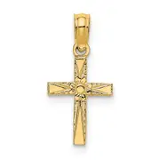 14K Yellow Gold Polished And Engraved Mini Cross W/ Flower Charm