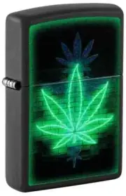 Zippo 46266, Gleaming Cannabis Leaf Black Light Lighter, Black Matte Finish