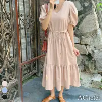 在飛比找momo購物網優惠-【ACheter】韓版簡約氣質純色寬鬆V領麻棉花苞短袖連身裙