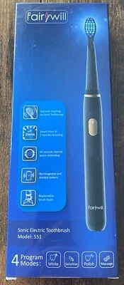 Fairywill Sonic Electric Toothbrush 2 Brush Heads 4 Modes #551 USB Cable NIB nEW