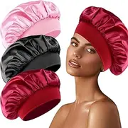 Pack of 3 Silk Bonnet for Sleeping, Silk Bonnet, Satin Bonnet, Sleep Cap, Sleep Cap, Hair Protect, Curling Cap for Sleeping, Bonnet, Silk Satin Hair Cap for Night (Black, Pink, Red)