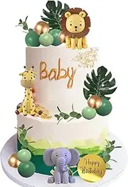 Safari Animal Cake Toppers Jungle Wild Cake Decorations with Green Balls Plam Leaves for Wild Animals Themed Birthday Baby Shower Party Supplies