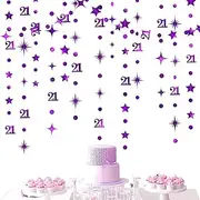 Purple Number 21 Circle Dot Twinkle Star Garland Metallic Hanging Streamer Bunting Banner Backdrop Decoration for Girls Boys 21st Birthday Finally Legal Twenty One Anniversary Wedding Party Supplies