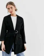 NEW LOOK BLACK D-RING BELTED LONGLINE SHACKET JACKET CASUAL SMART TRENDY UK 8