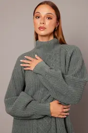 Green Knit Dress High Neck Oversized Chenille - Size S, Women's Knit Dress