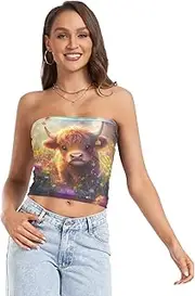 [RPLIFE] Cute Highland Cow Flowers Field Crop Top Sheer Tube Tops, Strapless Crop Top, Tube Tops Summer (S)
