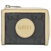 在飛比找momo購物網優惠-【GUCCI 古馳】新版經典雙G緹花拼接信用卡拉鍊零錢包(米