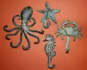 (4) Sea Life Collection Bronze-look Cast Iron Wall Hooks Octopus Starfish Crab