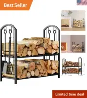 Fireplace Firewood Log Rack 5-Piece Storage Logs Holder with Tools Set with 4...