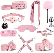 BDSM Bondage Restraint Kits 12PCS Sets Sex Toys Handcuffs Ankle Collar Cuffs Blindfold Feather Tickler Ball Gag Anal Plug SM Games Adjustable for Women Men (Pink)
